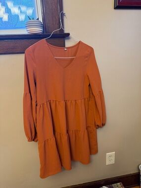 Tiered V-Neck Babydoll Dress in Rust Orange